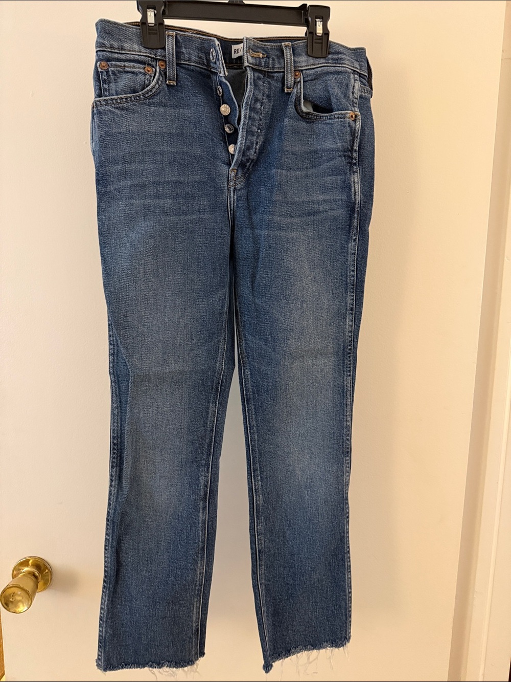 RE/DONE High-Rise Button-Fly Straight Jeans - Medium Blue